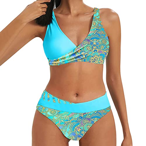 Bikini Set Damen Farbblock Drucken Bikini Damen Wickeloptik Neckholder Push Up Bademode Set Triangel Bikini Oberteil Bikinihose Sexy Frauen Sport Swimsuits Bauchweg Curvy Strandmode Zweiteilige von OUMSHBI