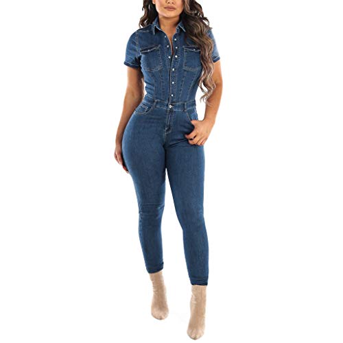 Jeans Overall Damen Jumpsuit Elegant Revers Kurzarm - Jumpsuit Unifarben Locker Casual Playsuit Romper Latzhosen mit Zwei Brusttaschen Freizeit Einteiler Kniepolste Damen Lang Jeans Hosenanzug von OUMSHBI