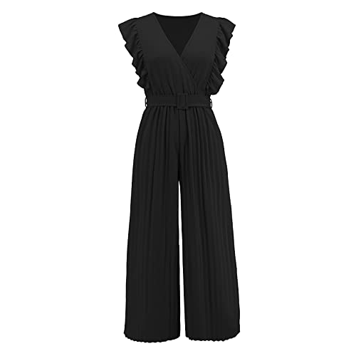 Jumpsuit Damen Elegant für Hochzeit Plissee V-Ausschnitt Einfarbig Rüschen Latzhosen mit Gürtel Lässig Lose Bequem Trägerhose Arbeitshose Sommer Weites Bein Freizeit Einteiler Jumpsuit Overall von OUMSHBI