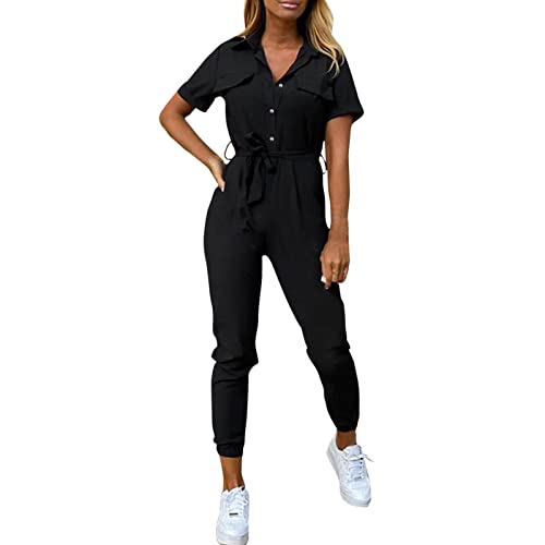 Jumpsuit Elegant Damen Revers Einfarbig Ärmellose Latzhosen mit Taschen mit Taschen und Gürtel Locker Casual Playsuit Romper Slim Freizeit Einteiler mit Kniepolste Overall Jumpsuit Schlafanzug von OUMSHBI