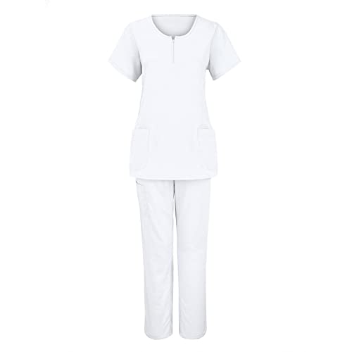 OUMSHBI 2-Teiliges Set Damen Pflege Kasacks Mit Hosen Slim Fit Einfarbig Kurzarm V-Ausschnitt Pflege-Top Anzuge Hose Mit Taschen Hosenanzug Arbeitskleidung Damen Uniform Outfits Kasack von OUMSHBI