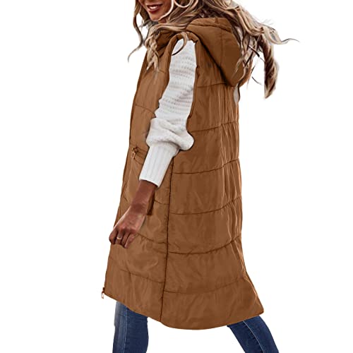 OUMSHBI Damen Longweste mit Kapuze Unifarben Zipper ärmellos Steppweste mit Taschen Oversize Outdoor Gesteppt Damenweste Lässige Locker Lange Daunenweste Wanderungen üBergangsjacke für Frauen von OUMSHBI