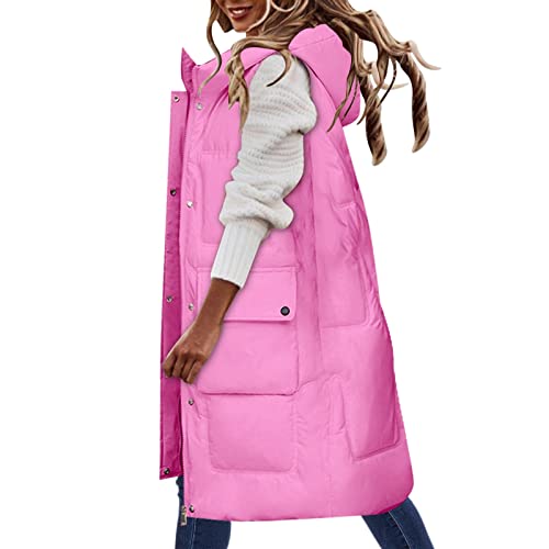 OUMSHBI Damen Longweste mit Kapuze Unifarben ärmellos Steppweste mit ReißVerschluss und Taschen Oversize Outdoor Gesteppt Damenweste LäSsige Locker Lange Daunenweste Wanderungen üBergangsjacke Frauen von OUMSHBI