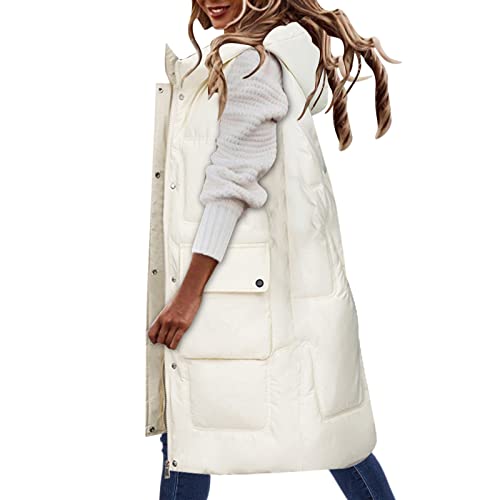 OUMSHBI Damen Longweste mit Kapuze Unifarben ärmellos Steppweste mit ReißVerschluss und Taschen Oversize Outdoor Gesteppt Damenweste LäSsige Locker Lange Daunenweste Wanderungen üBergangsjacke Frauen von OUMSHBI