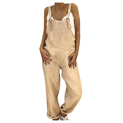 OUMSHBI Jumpsuit Damen Baumwolle Leinen Einfarbig U-Ausschnitt mit Knot Ärmellose - Jumpsuit Lässig Trägerhose mit Taschen Freizeit Leichte Einteiler Jumpsuit Overall Schlafanzug Leinen - Jumpsuit von OUMSHBI