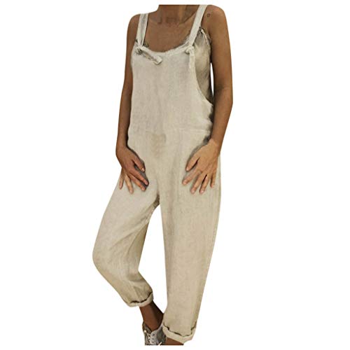 OUMSHBI Jumpsuit Damen Baumwolle Leinen Einfarbig U-Ausschnitt mit Knot Ärmellose - Jumpsuit Lässig Trägerhose mit Taschen Freizeit Leichte Einteiler Jumpsuit Overall Schlafanzug Leinen - Jumpsuit von OUMSHBI