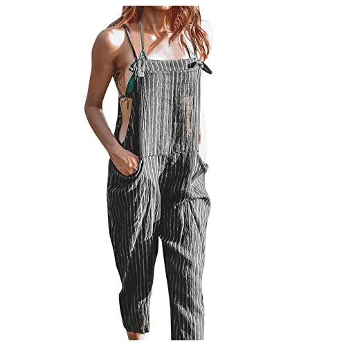 OUMSHBI Jumpsuit Damen Sommer Gestreift Playsuit Romper U-Ausschnitt Ärmelloser Latzhosen mit Taschen Lässig Lose Bequem Trägerhose Arbeitshose Sommer Lang Weites Bein Overall Jumpsuit Schlafanzug von OUMSHBI