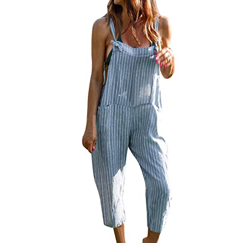 OUMSHBI Jumpsuit Damen Sommer Gestreift Playsuit Romper U-Ausschnitt Ärmelloser Latzhosen mit Taschen Lässig Lose Bequem Trägerhose Arbeitshose Sommer Lang Weites Bein Overall Jumpsuit Schlafanzug von OUMSHBI