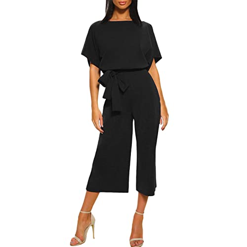 OUMSHBI Jumpsuit Elegant Damen Rundhals Kurzarm - Jumpsuit Unifarben Einteiler Latzhose mit GüRtel Romper Sommer Lang Weites Bein LäSsig Locker Hosenanzug Playsuit Romper Overall Jumpsuit Schlafanzug von OUMSHBI