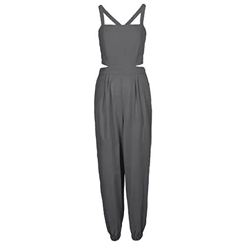 OUMSHBI Jumpsuit Elegant Damen U-Ausschnitt Einfarbig Ärmelloser Latzhosen mit Taschen Locker Casual Playsuit Romper ZurüCk Cross -SchnüRung Sommer Lang Weites Bein Overall Jumpsuit Schlafanzug von OUMSHBI