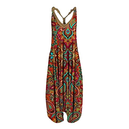 OUMSHBI Jumpsuit Lang Elegant Damen Plissee V-Ausschnitt Boho Lang Druck Ärmelloser Latzhosen mit Taschen Lässig Locker Jumpsuit Hosenanzug Slim Fit Freizeit Einteiler Overall Jumpsuit Schlafanzug von OUMSHBI