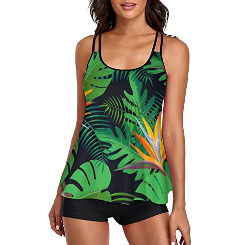 OUMSHBI Tankini Set Damen Blätter Drucken Bauchweg Bademode äRmellos BrüSte Push Up Oberteile Shorts U-Ausschnitt Damen Bauchweg Sport Bademode Control Bauchweg Rückenfrei Swimsuit Badebekleidung von OUMSHBI