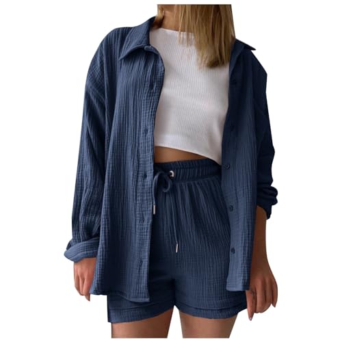 Zweiteiler Damen Sommer Kurzarm}Langarm Musselin Bluse Hemd und Shorts mit Gummiband und Taschen Aesthetic Mode 2 Teiler Lounge Set Hemdbluse Revers Knöpfen Outfit Freizeit Hosenanzüge Elegant von OUMSHBI