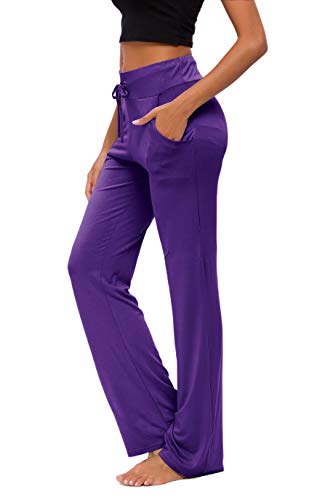 OURCAN Damen Yoga Hose Mit Taschen Breites Bein Kordelzug Lose Gerade Lounge Laufen Workout Modale Hose Aktive Freizeit Jogginghose (Dunkelviolett, L) von OURCAN