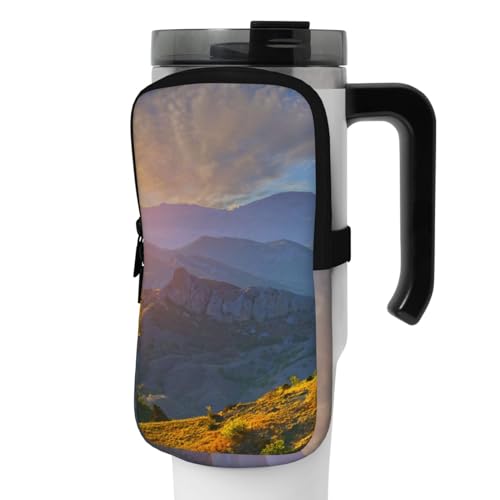 OUSIKA Mountain Sunrise Print Water Bottle Pouch Tumbler Pouch Bag Handheld Sports Drink Bottle Accessories Bag Zipper Pouch Belt Bag for Men Women, Schwarz , S von OUSIKA