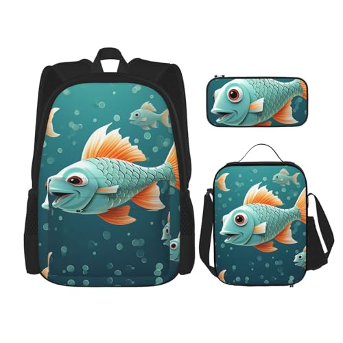 OUSIKA Rucksack mit Fisch-Motiv, lässiger Tagesrucksack mit Lunchbox, Federmäppchen für Damen und Herren, 3-teilig, Schwarz , Einheitsgröße, Rucksack, Rucksäcke von OUSIKA