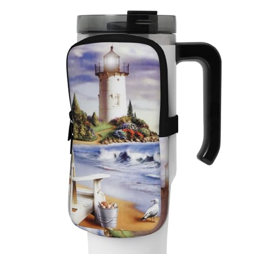 OUSIKA Sea Lighthouse Sandbeach Print Water Bottle Pouch Tumbler Pouch Bag Handheld Sports Drink Bottle Accessories Bag Zipper Pouch Belt Bag for Men Women, Schwarz , M von OUSIKA