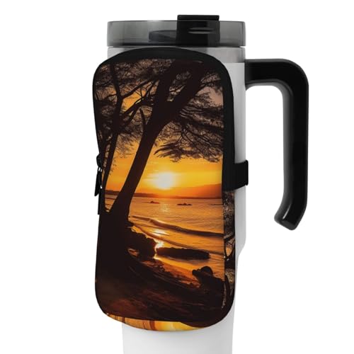 OUSIKA Seashore Trees Sunset Print Water Bottle Pouch Tumbler Pouch Bag Handheld Sports Drink Bottle Accessories Bag Zipper Pouch Belt Bag for Men Women, Schwarz , M von OUSIKA