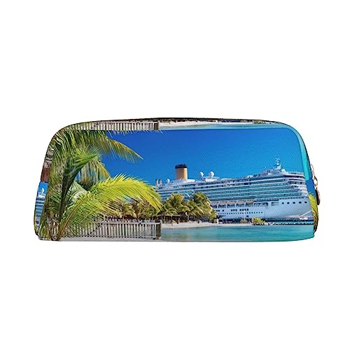 Seaside Cruise Ship Print Pencil Case Waterproof Leather Pencil Pouch Travel Comestic Bag Storage Bag For Work Office, gold, Einheitsgröße, Kunst von OUSIKA