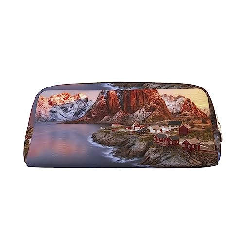 Sunrise Over Hamnoy Print Pencil Case Waterproof Leather Pencil Pouch Travel Comestic Bag Storage Bag For Work Office, gold, Einheitsgröße, Kunst von OUSIKA