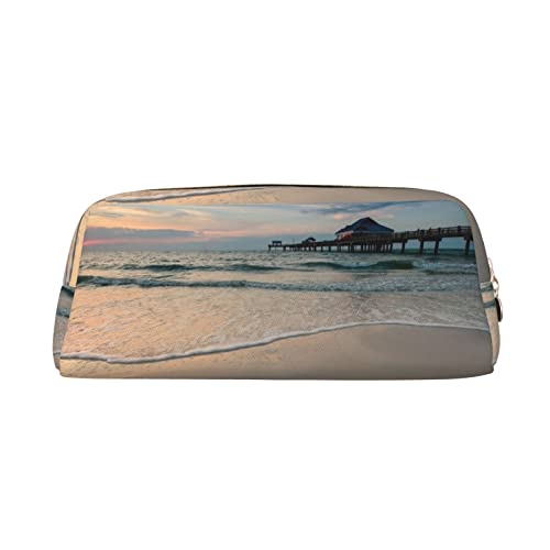 Sunset Beach Print Pencil Case Waterproof Leather Pencil Pouch Travel Comestic Bag Storage Bag For Work Office, gold, Einheitsgröße, Kunst von OUSIKA