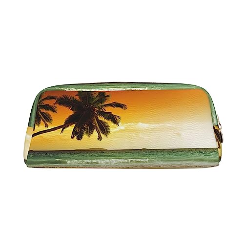 Sunset Beach Print Pencil Case Waterproof Leather Pencil Pouch Travel Comestic Bag Storage Bag For Work Office, gold, Einheitsgröße, Kunst von OUSIKA