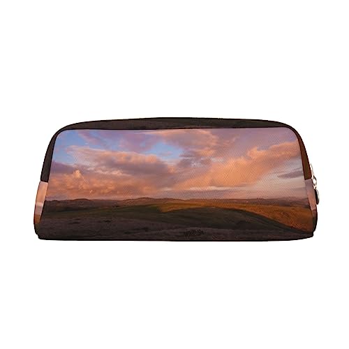 Sunset Hill Print Federmäppchen Wasserdicht Leder Bleistift Beutel Reise Comestic Tasche Aufbewahrungstasche Für Arbeit Büro, gold, Einheitsgröße, Kunst von OUSIKA