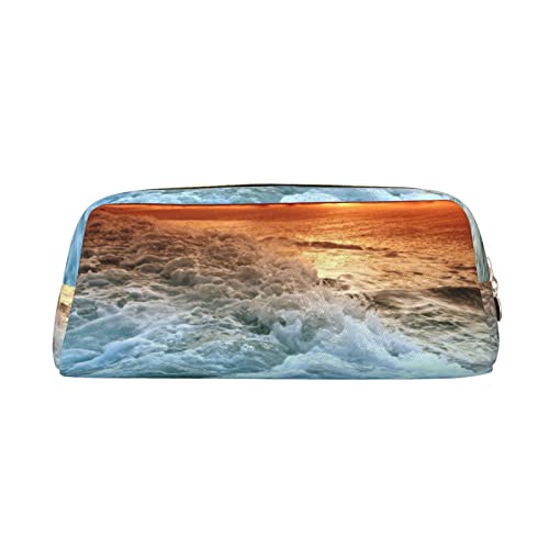 The Beach Sunset Print Pencil Case Waterproof Leather Pencil Pouch Travel Comestic Bag Storage Bag For Work Office, gold, Einheitsgröße, Kunst von OUSIKA