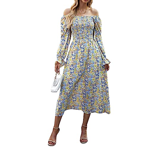 OUSIMEN Kleid Damen 2023 Boho Blumendruck Casual Midi Square-Kragen Rüschen Langarm Freizeitkleid von OUSIMEN