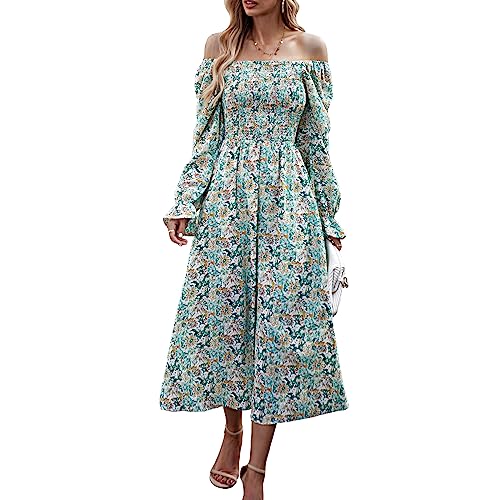 OUSIMEN Kleid Damen 2023 Boho Blumendruck Casual Midi Square-Kragen Rüschen Langarm Freizeitkleid von OUSIMEN