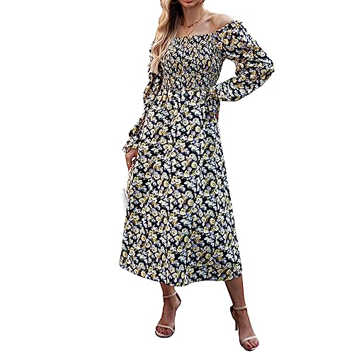 OUSIMEN Kleid Damen 2023 Boho Blumendruck Casual Midi Square-Kragen Rüschen Langarm Freizeitkleid von OUSIMEN