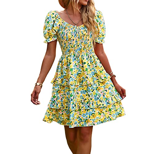 OUSIMEN Kleider Damen Casual Sommerkleid Print Rüschen A Linie Kurzarm Mini Strandkleid für Damen von OUSIMEN