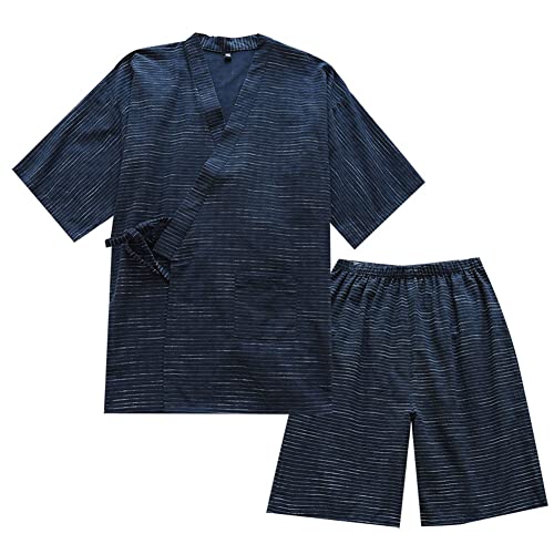 OWLONLINE Japanischer Kimono Herren-Pyjama Kurzarm-Oberteil und Hose Nachtwäsche-Pyjama-Set Größe L-Navy von OWLONLINE