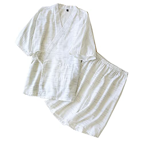 OWLONLINE Japanischer Kimono Herren-Pyjama Kurzarm-Oberteil und Hose Nachtwäsche-Pyjama-Set Größe M-Weiß von OWLONLINE