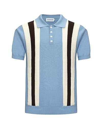 OXKNIT Herren-Poloshirt, lässig, 1960er-Jahre-Stil, gestreift, gestrickt, Retro-Poloshirt, weich, bequem, erhältlich in Big & Tall, A-blau, L von OXKnitstore