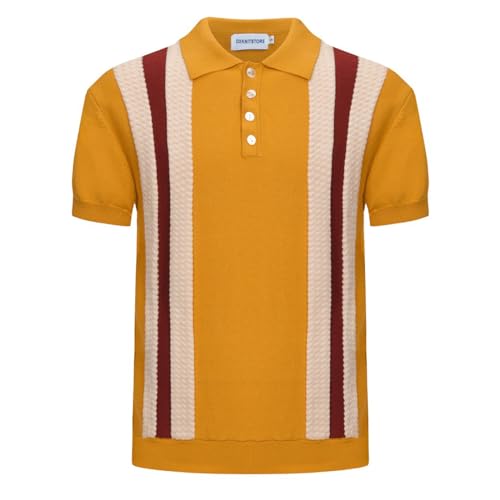 OXKNIT Herren Casual 1960er Mod Style Streifen Gestricktes Retro Poloshirt Weich Bequem Erhältlich in Groß & Tall, A-gelb, Klein von OXKnitstore