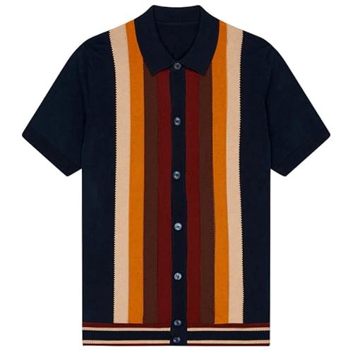 OXKNIT Herren-Poloshirt, lässig, 1960er-Jahre-Stil, gestreift, gestrickt, Retro-Poloshirt, weich, bequem, erhältlich in Big & Tall, B-navy blau, L von OXKnitstore