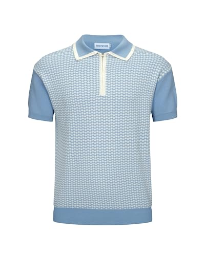 OXKNIT Herren-Poloshirt, lässig, 1960er-Jahre-Stil, gestreift, gestrickt, Retro-Poloshirt, weich, bequem, erhältlich in Big & Tall, C-Blau, L von OXKnitstore