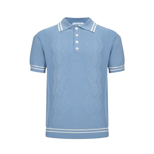 OXKNIT Herren-Poloshirt, lässig, 1960er-Jahre-Stil, gestreift, gestrickt, Retro-Poloshirt, weich, bequem, erhältlich in Big & Tall, Pure Blue, L von OXKnitstore