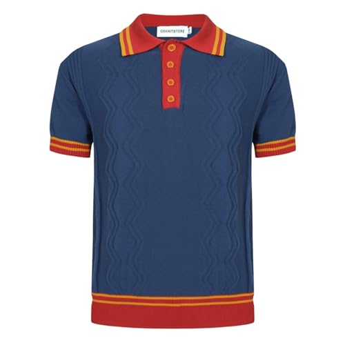 OXKNIT Herren Casual 1960er Mod Style Streifen Gestricktes Retro Poloshirt Weich Bequem Erhältlich in Groß & Tall, O-dark blue, Klein von OXKnitstore