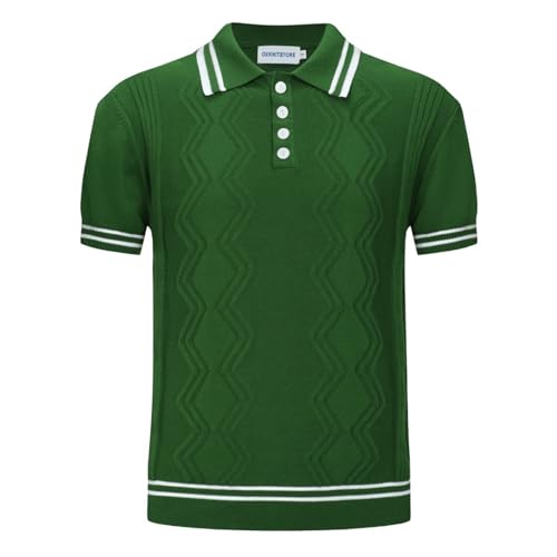 OXKNIT Herren-Poloshirt, lässig, 1960er-Jahre-Stil, gestreift, gestrickt, Retro-Poloshirt, weich, bequem, erhältlich in Big & Tall, Pure Green, L von OXKnitstore