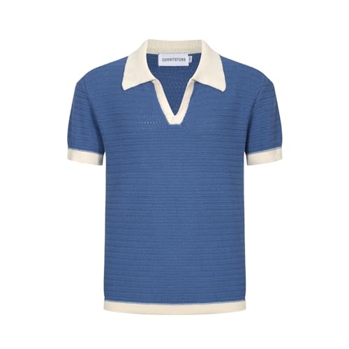 OXKnitstore OXKNIT Herren Casual 1960er Mod Style Vintage Strick-Poloshirt Kurzarm Golf-Shirts Weich Bequem, B-Blau, L von OXKnitstore