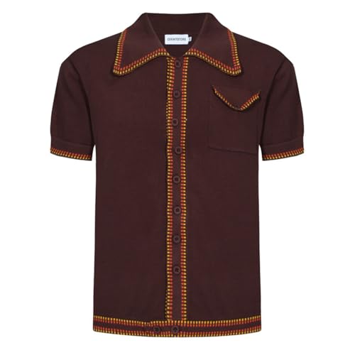 OXKNIT Herren-Poloshirt, lässig, 1960er-Jahre-Stil, gestreift, gestrickt, Retro-Poloshirt, weich, bequem, erhältlich in Big & Tall, B-braun, L von OXKnitstore