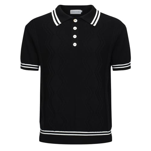 OXKNIT Herren-Poloshirt, lässig, 1960er-Jahre-Stil, gestreift, gestrickt, Retro-Poloshirt, weich, bequem, erhältlich in Big & Tall, Pure Black, Mittel von OXKnitstore