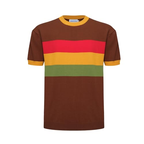 OXKNIT T-Shirt für Herren Baumwollstrick, Bruststreifen, kurzes Hemd, klassisches Retro-Design, weich, bequem, erhältlich in Big Tall, B-braun, Klein von OXKnitstore