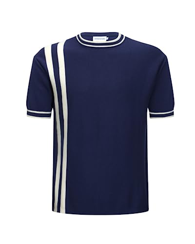 OXKNIT T-Shirt für Herren Baumwollstrick, Bruststreifen, kurzes Hemd, klassisches Retro-Design, weich, bequem, erhältlich in Big Tall, B-navy, Klein von OXKnitstore