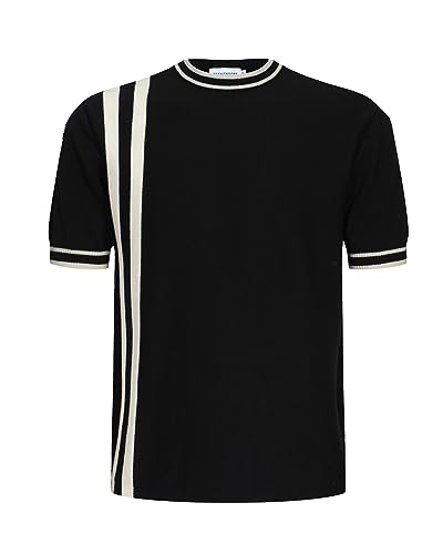 OXKNIT T-Shirt für Herren Baumwollstrick, Bruststreifen, kurzes Hemd, klassisches Retro-Design, weich, bequem, erhältlich in Big Tall, B-schwarz, Klein von OXKnitstore