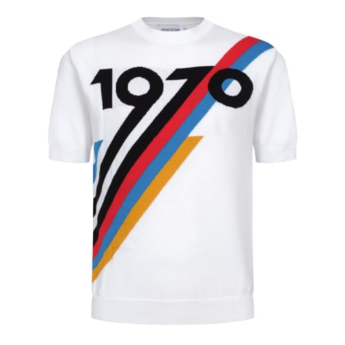 OXKNIT T-Shirt für Herren Baumwollstrick, Bruststreifen, kurzes Hemd, klassisches Retro-Design, weich, bequem, erhältlich in Big Tall, D-weiß 1970, XX-Large von OXKnitstore