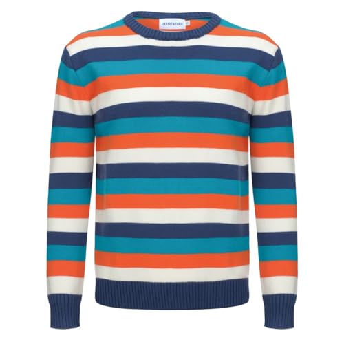 OXKNIT T-Shirt für Herren Baumwollstrick, Bruststreifen, kurzes Hemd, klassisches Retro-Design, weich, bequem, erhältlich in Big Tall, E-Streifen Blau, Klein von OXKnitstore