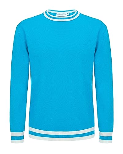 OXKNIT T-Shirt für Herren Baumwollstrick, Bruststreifen, kurzes Hemd, klassisches Retro-Design, weich, bequem, erhältlich in Big Tall, E-pure Blau, Klein von OXKnitstore